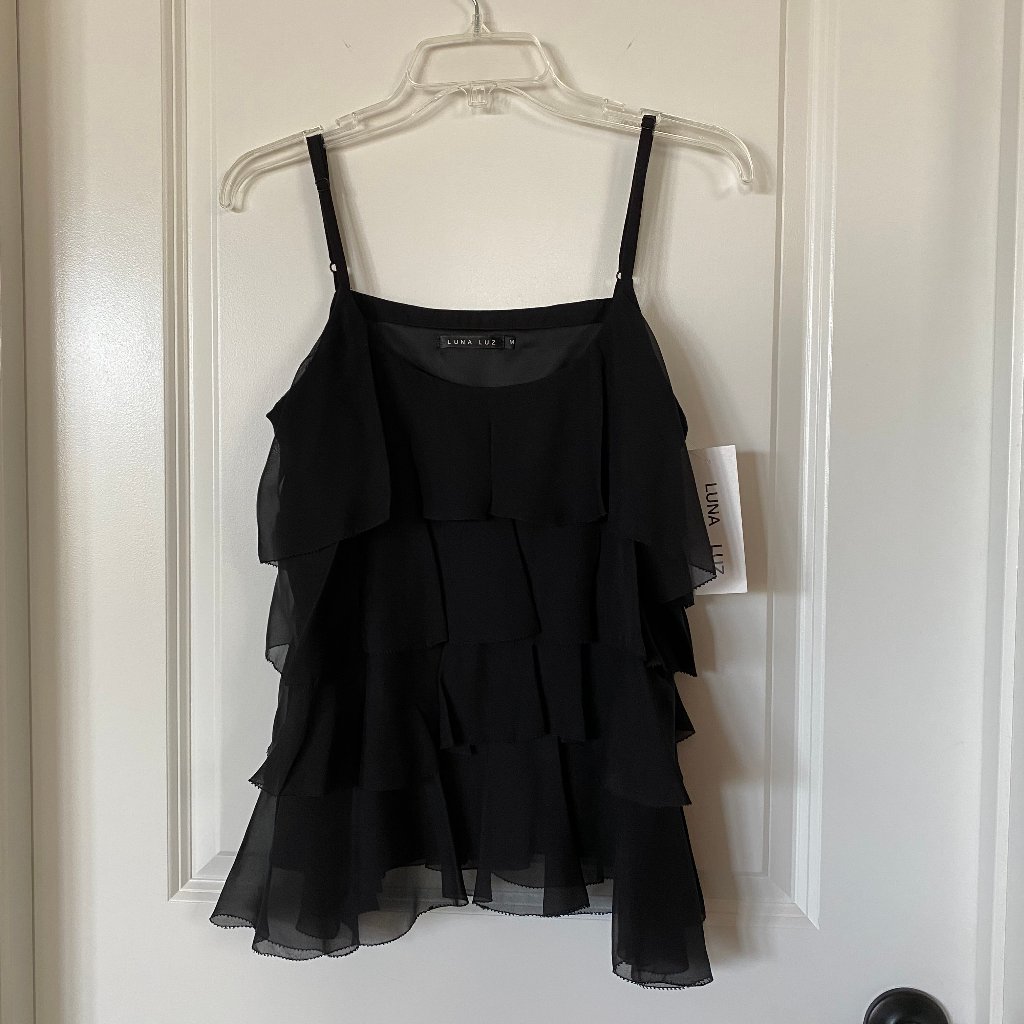 Beautiful Luna Luz Black Silk Boho Ruffle Spaghetti Strap Top Nwt